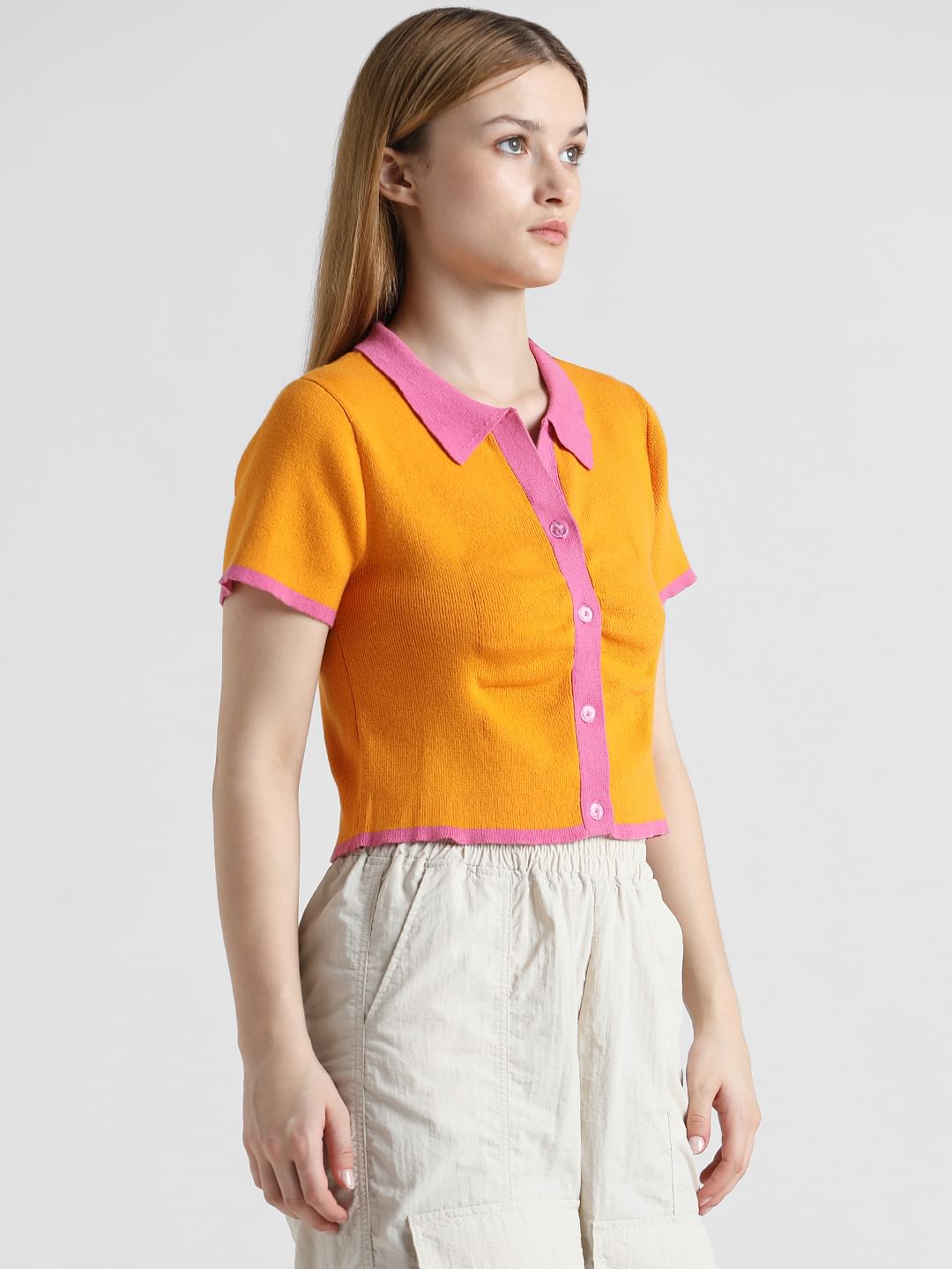 Orange Colourblocked Knit Polo Shirt