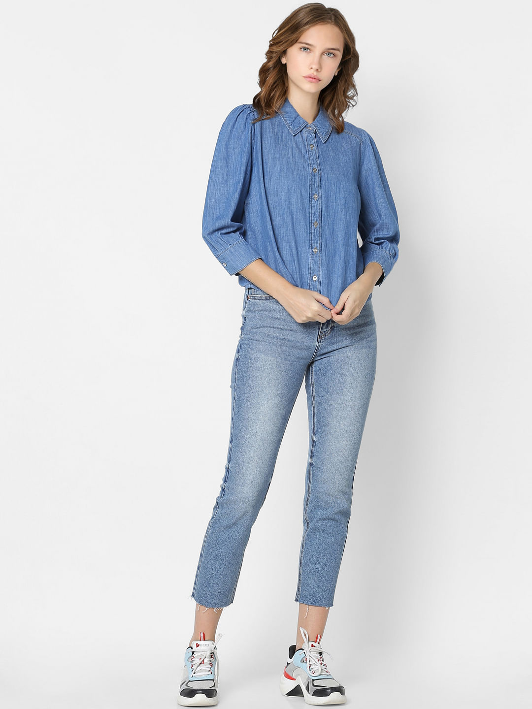 Blue Puff Sleeves Denim Shirt