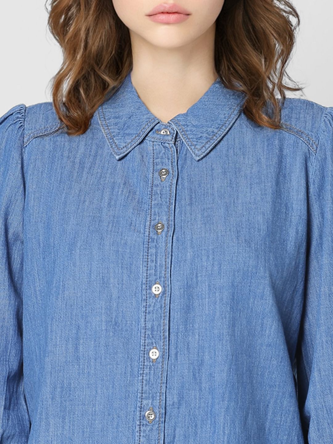 Blue Puff Sleeves Denim Shirt