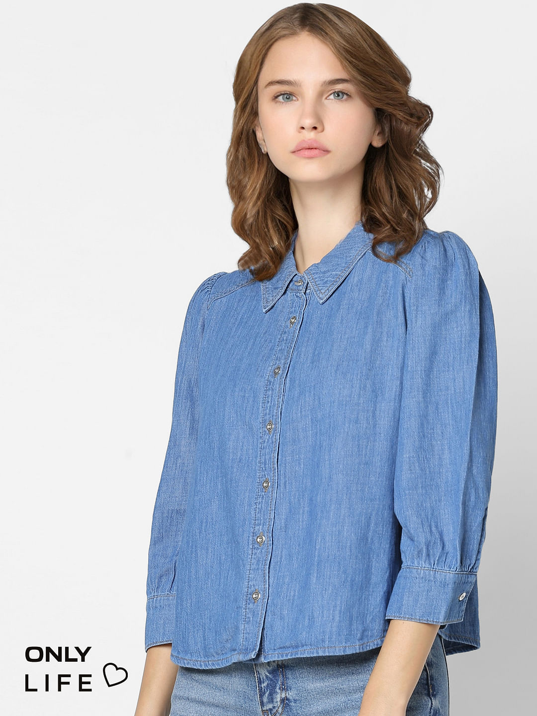 Blue Puff Sleeves Denim Shirt
