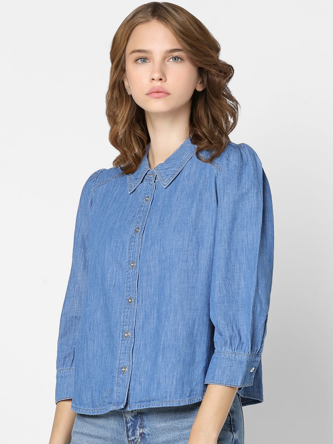 Blue Puff Sleeves Denim Shirt