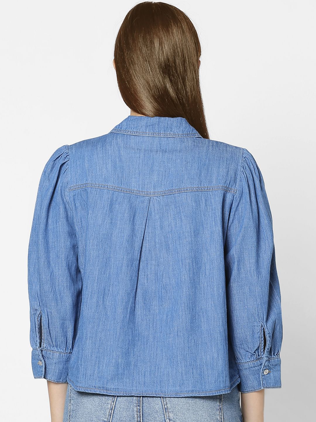 Blue Puff Sleeves Denim Shirt