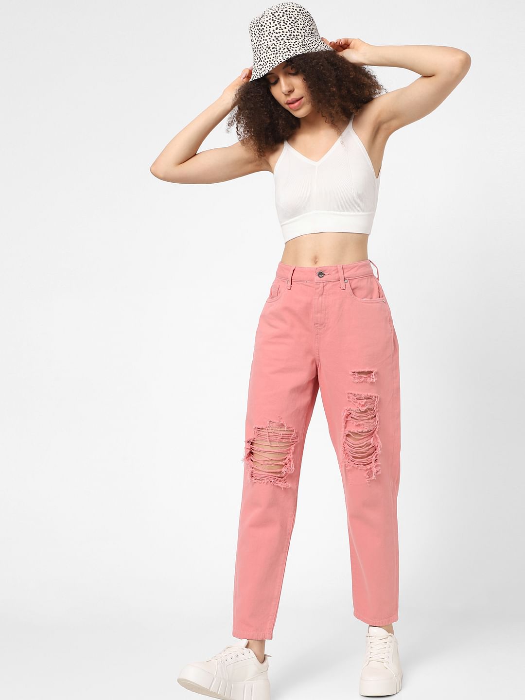 Pink Mid Rise Ripped Straight Jeans