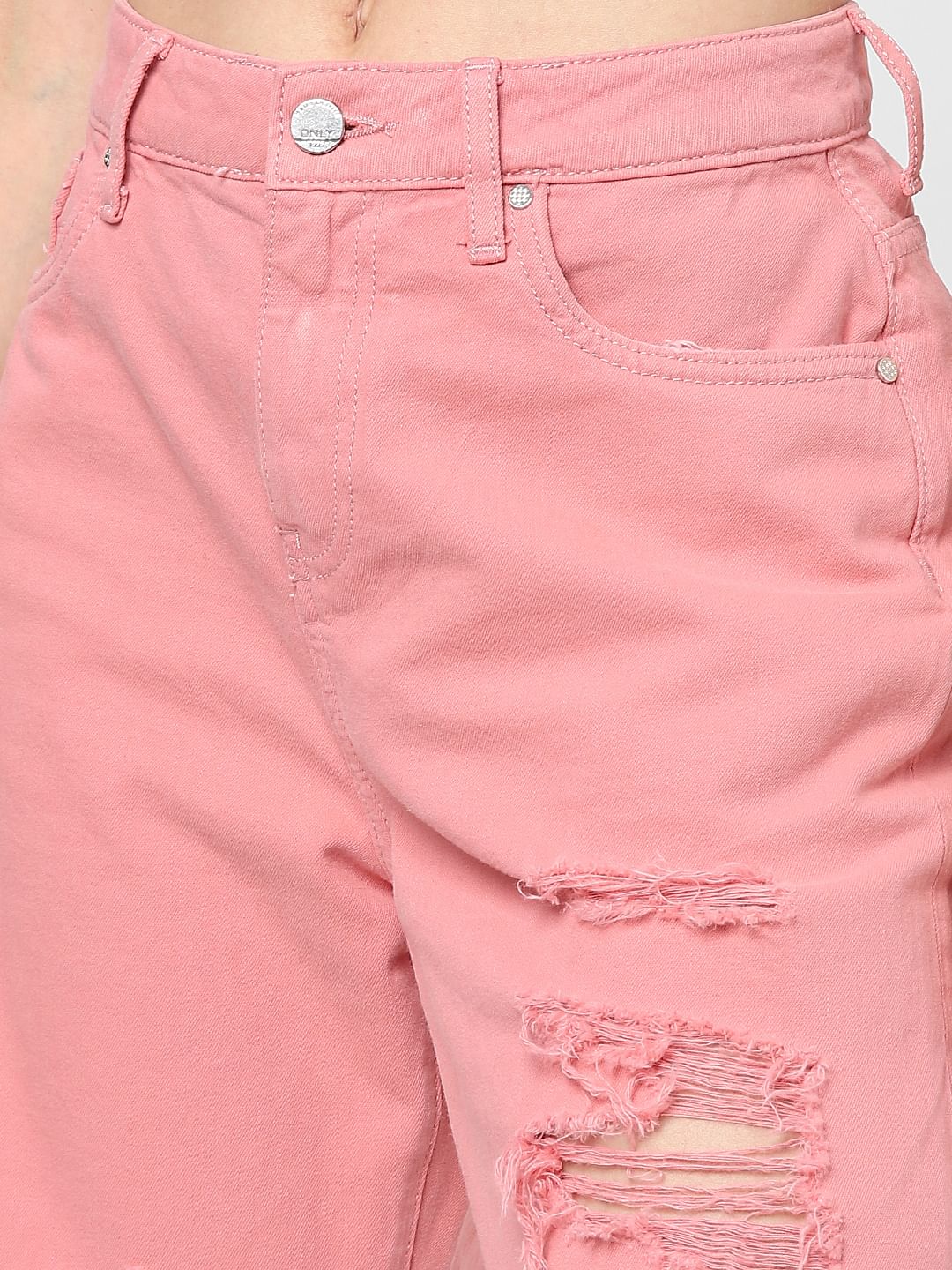 Pink Mid Rise Ripped Straight Jeans