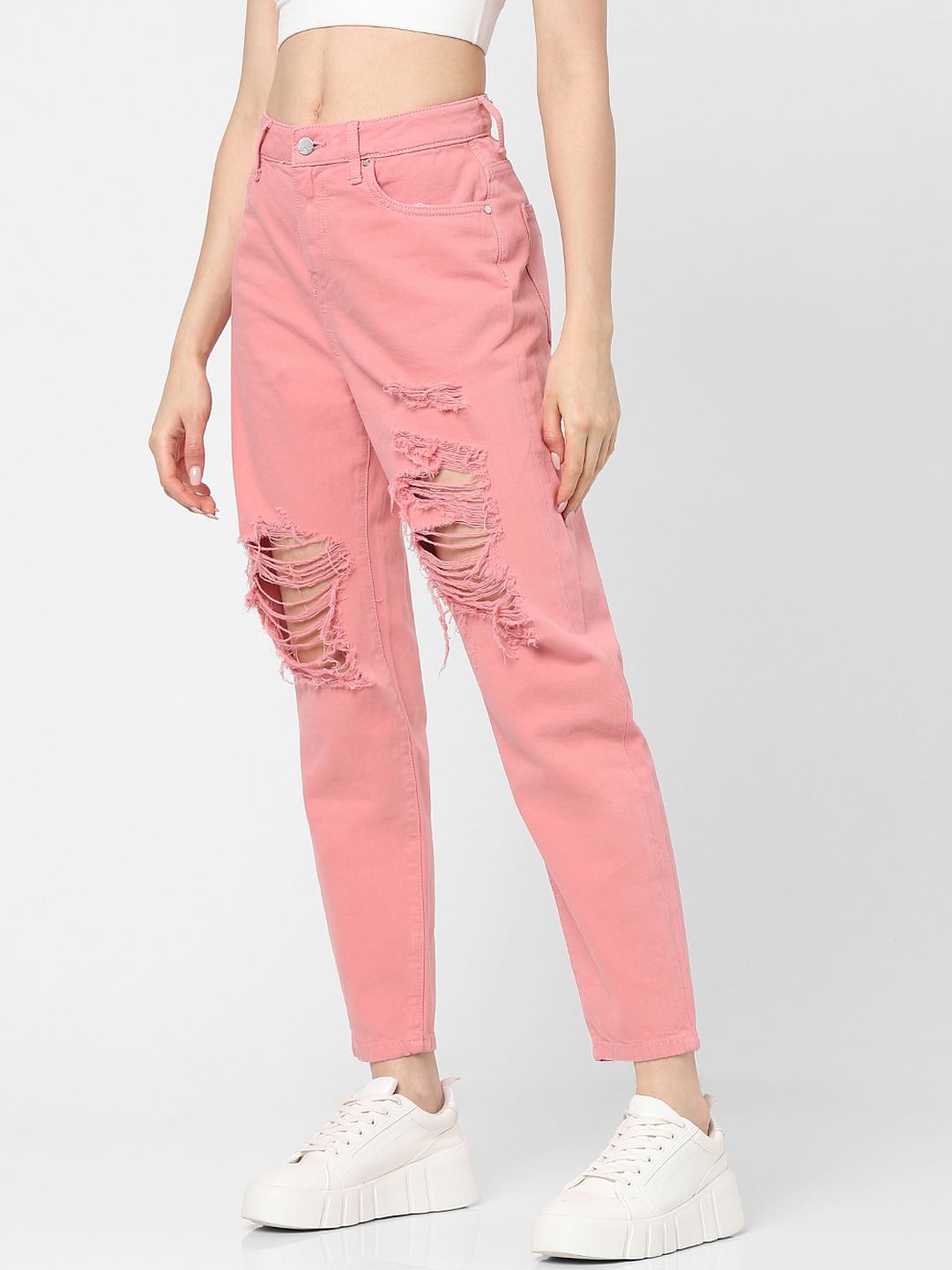 Pink Mid Rise Ripped Straight Jeans