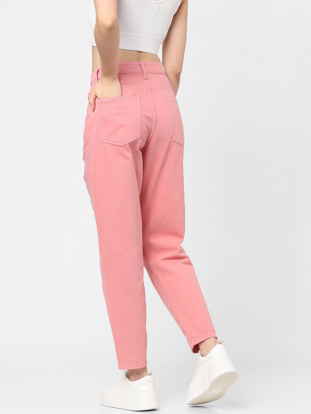 Pink Mid Rise Ripped Straight Jeans
