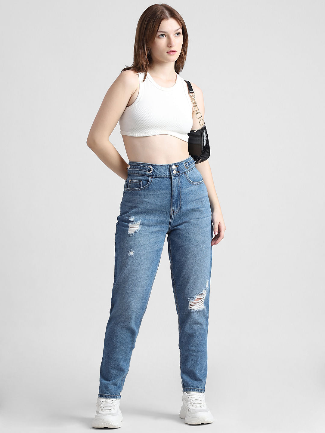 Blue High Rise Distressed Straight Fit Jeans