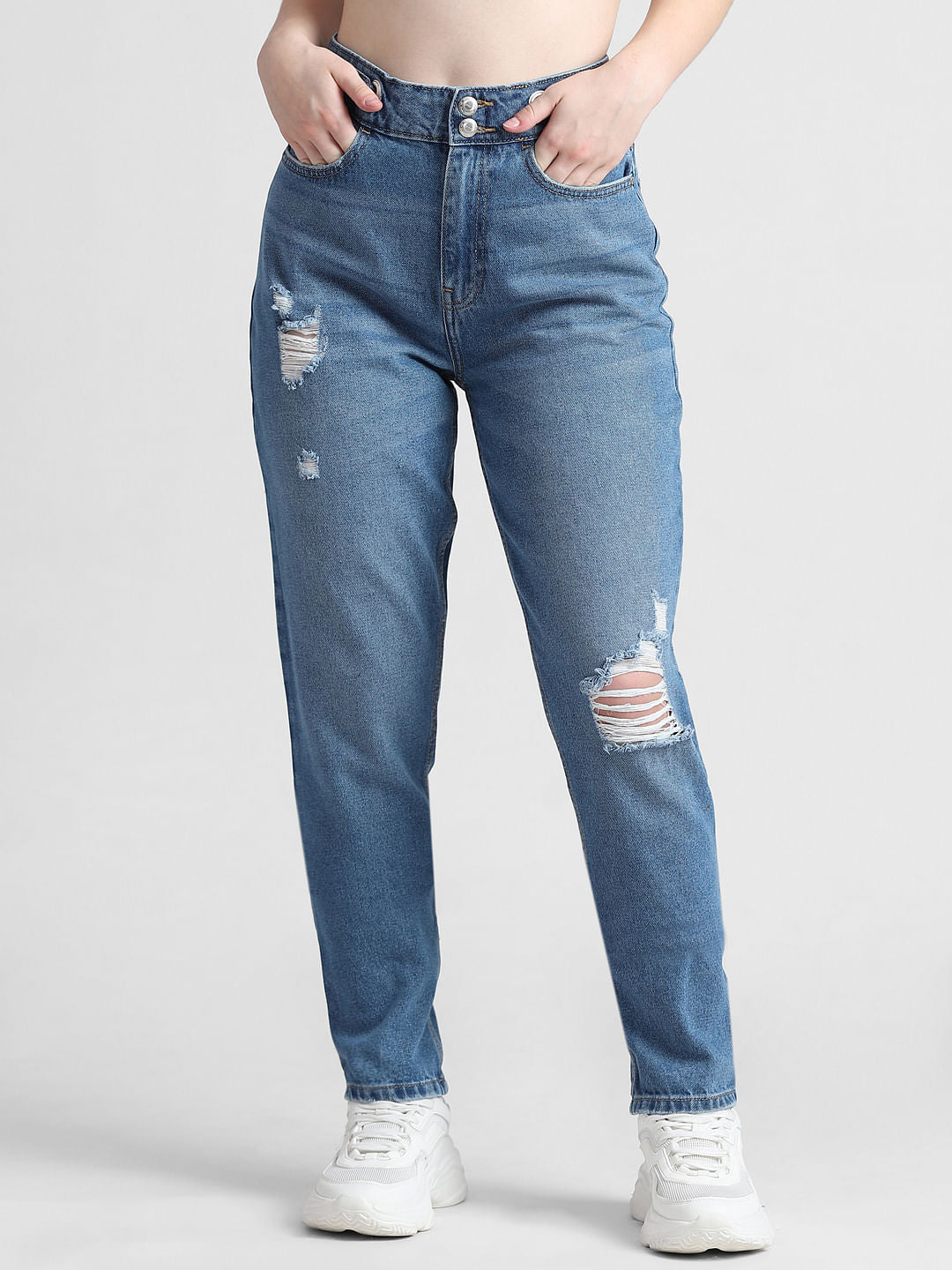 Blue High Rise Distressed Straight Fit Jeans