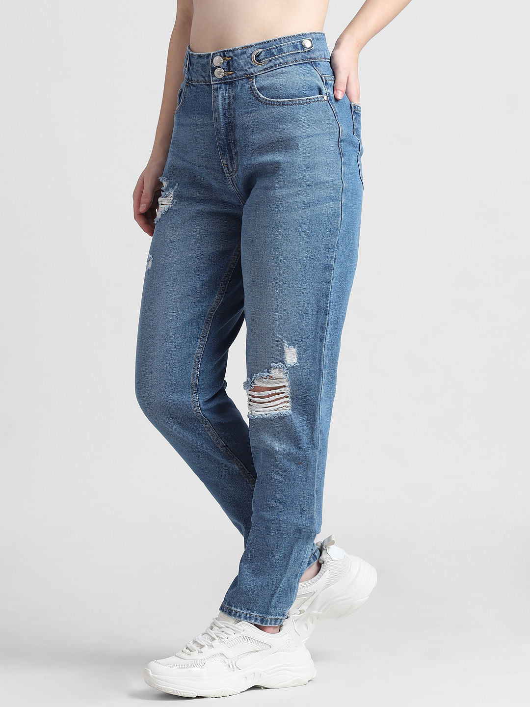 Blue High Rise Distressed Straight Fit Jeans