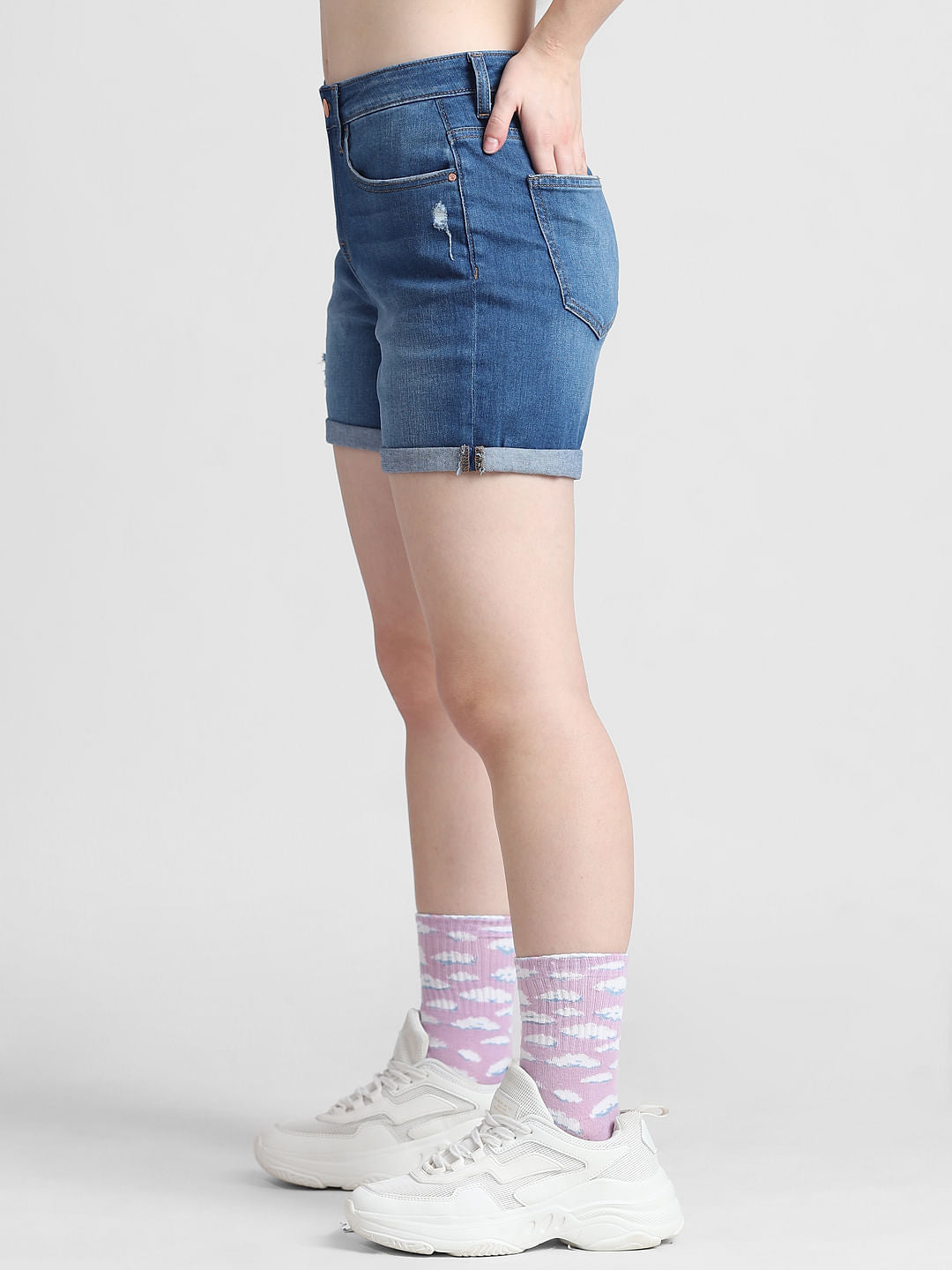 Blue Mid Rise Distressed Denim Shorts