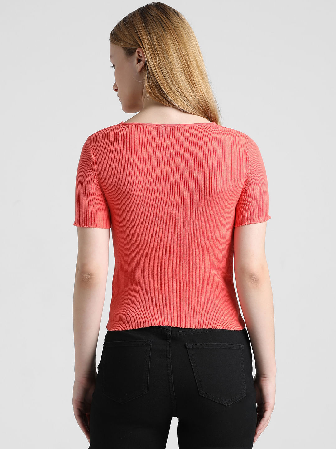 Coral Ribbed Zip-Top T-Shirt