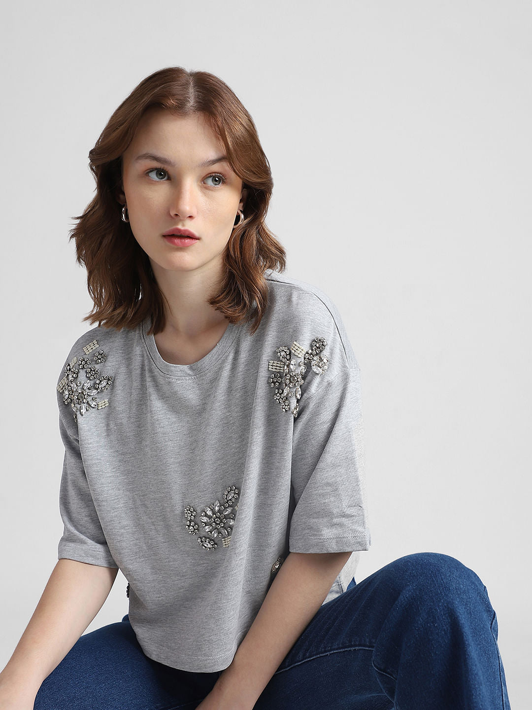 Grey Rhinestone Detail T-Shirt