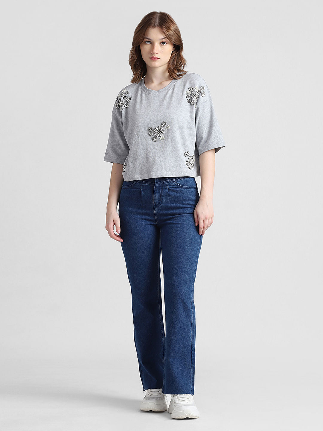 Grey Rhinestone Detail T-Shirt