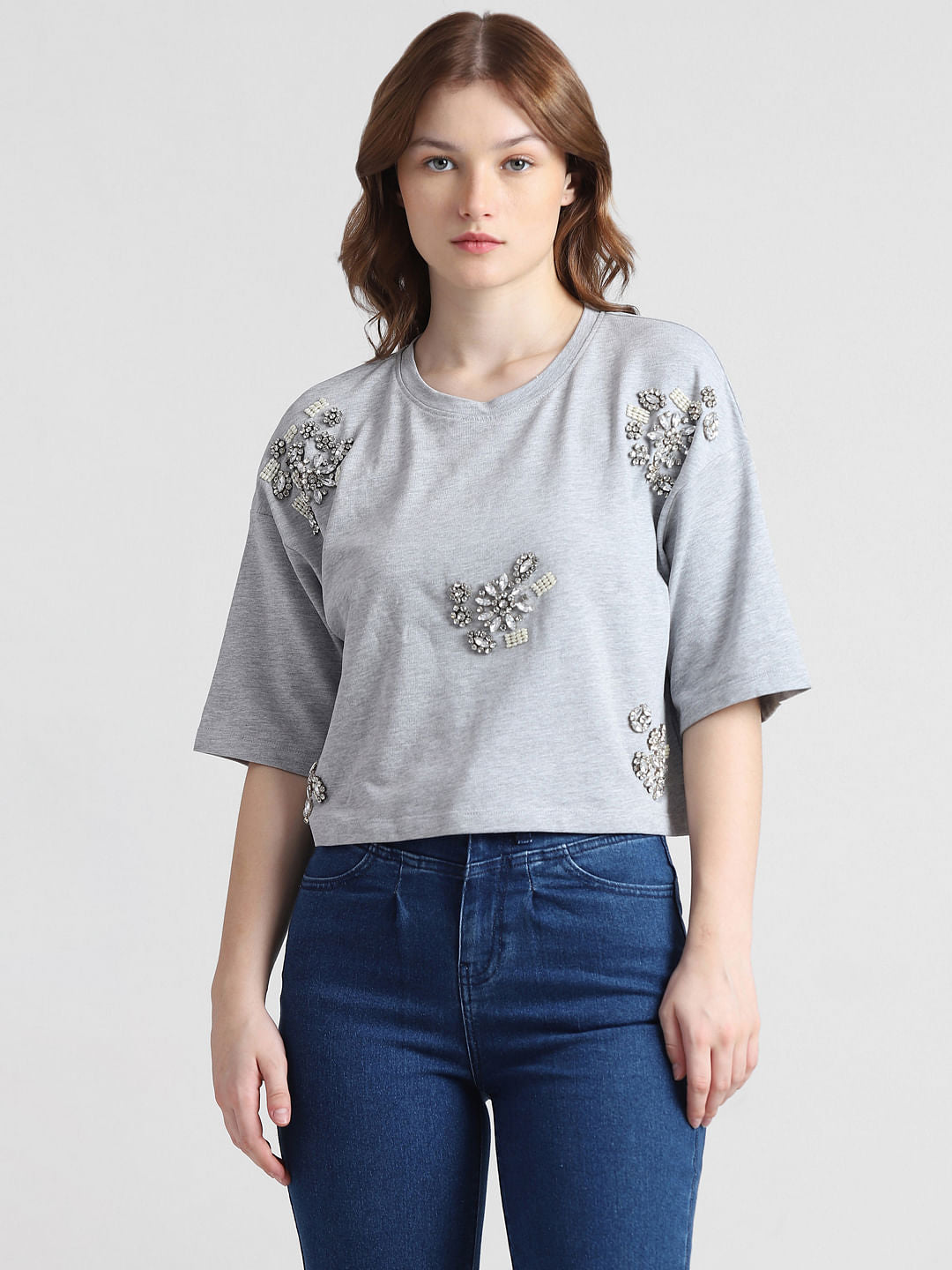 Grey Rhinestone Detail T-Shirt