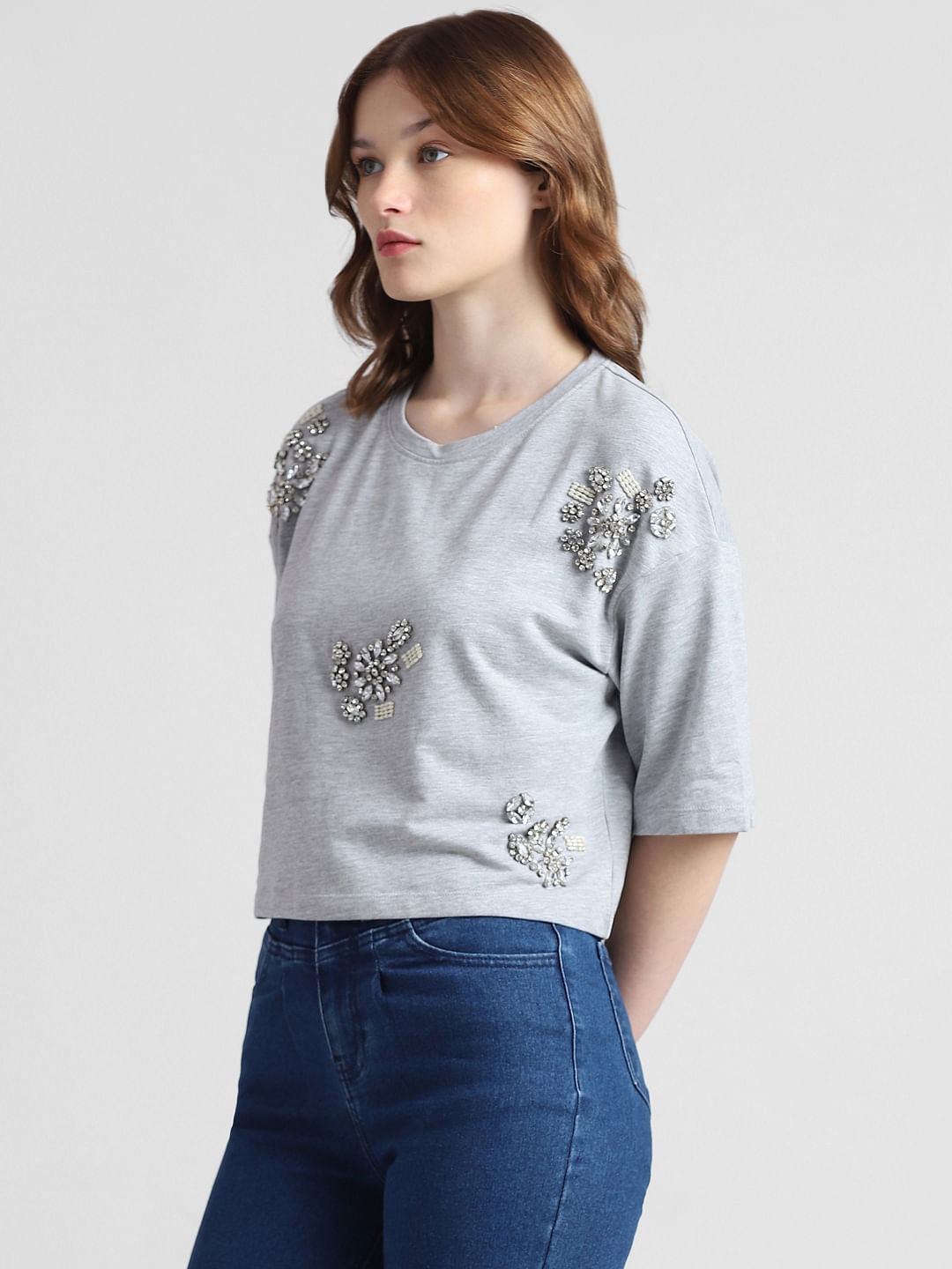 Grey Rhinestone Detail T-Shirt
