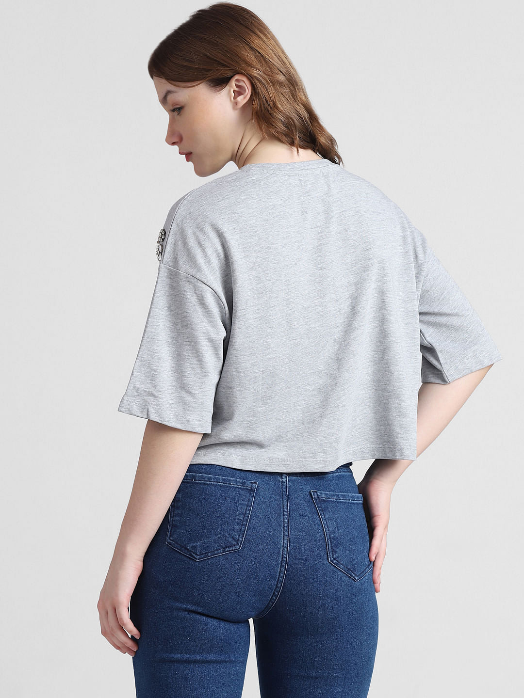 Grey Rhinestone Detail T-Shirt