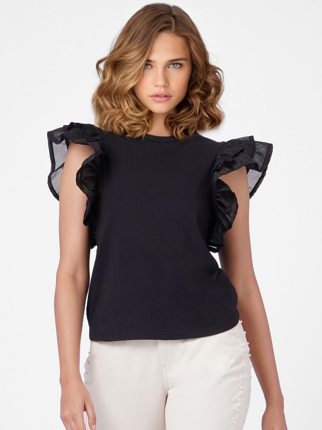 Black Ruffle Sleeves Top