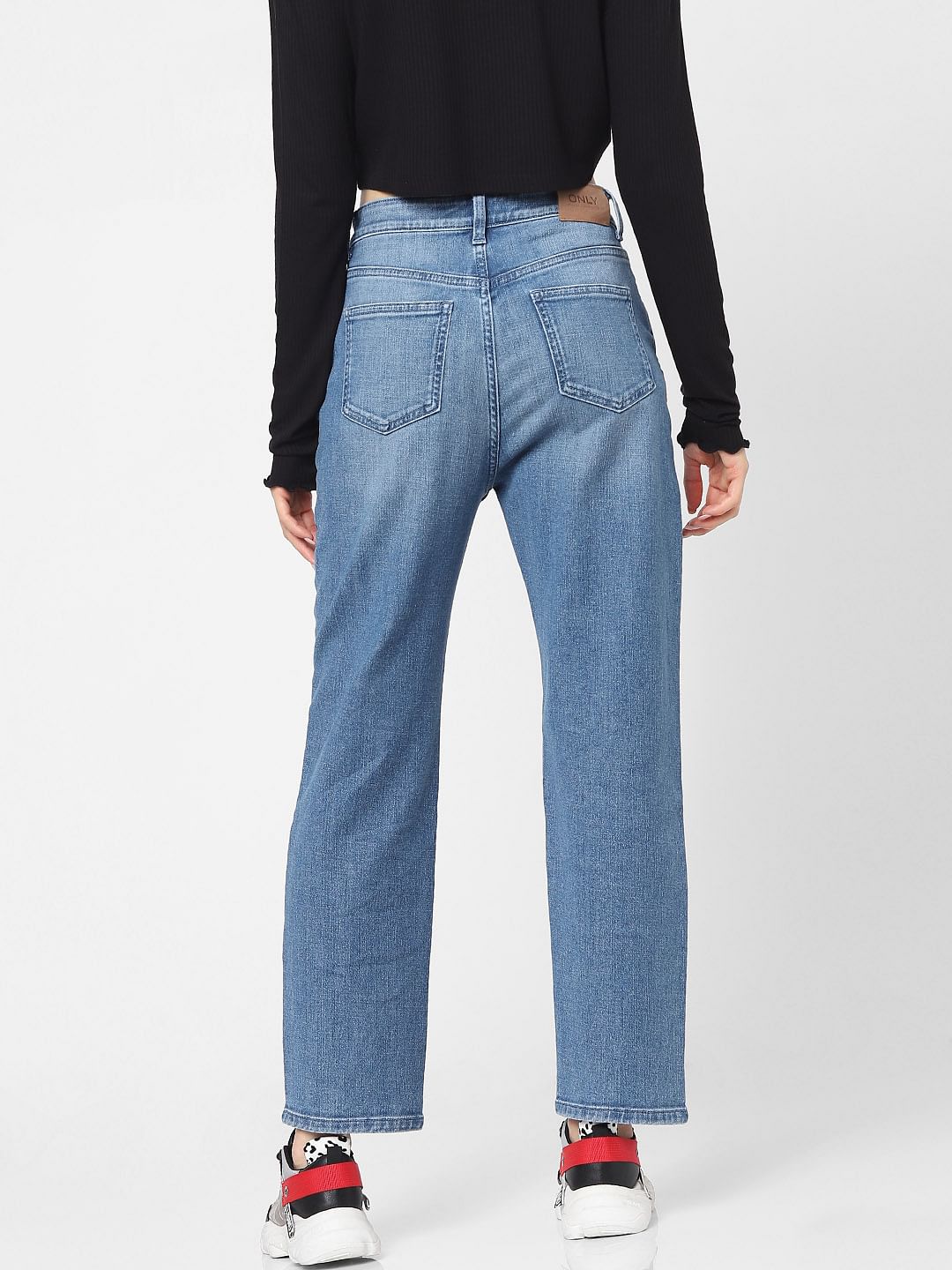 Blue Mid Rise Distressed Straight Jeans