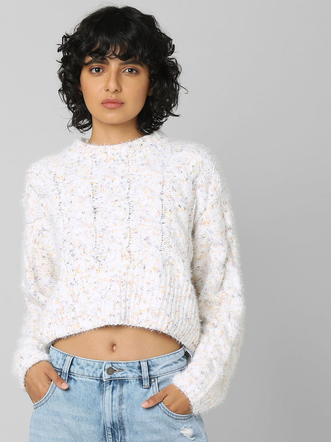 White Cropped Cable Knit Pullover