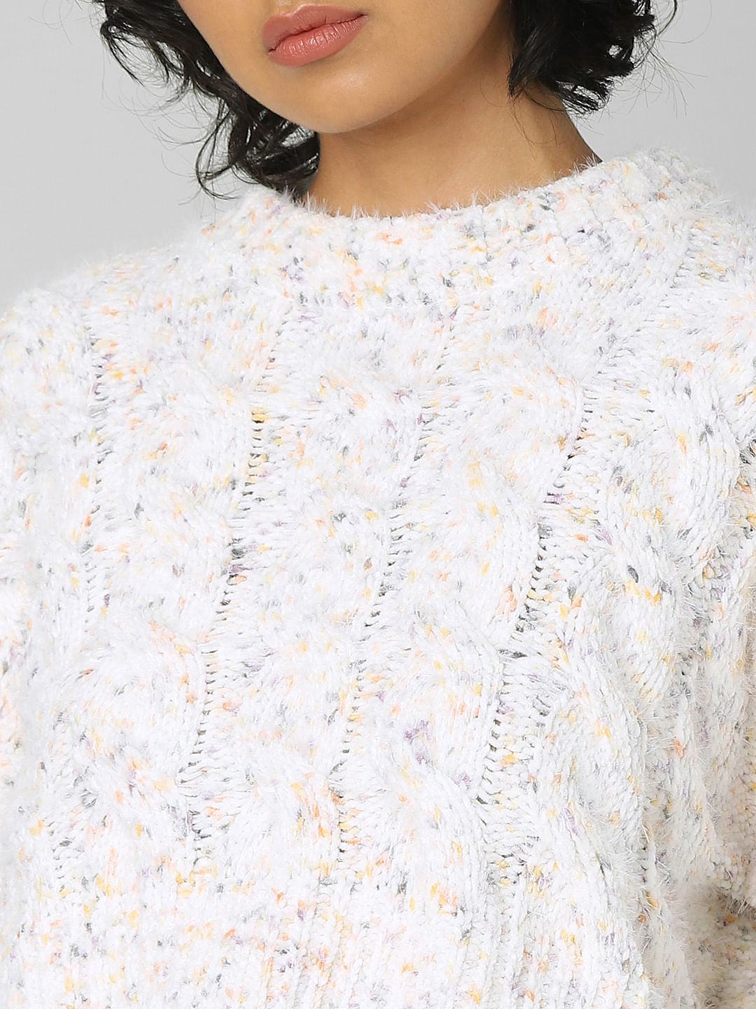 White Cropped Cable Knit Pullover