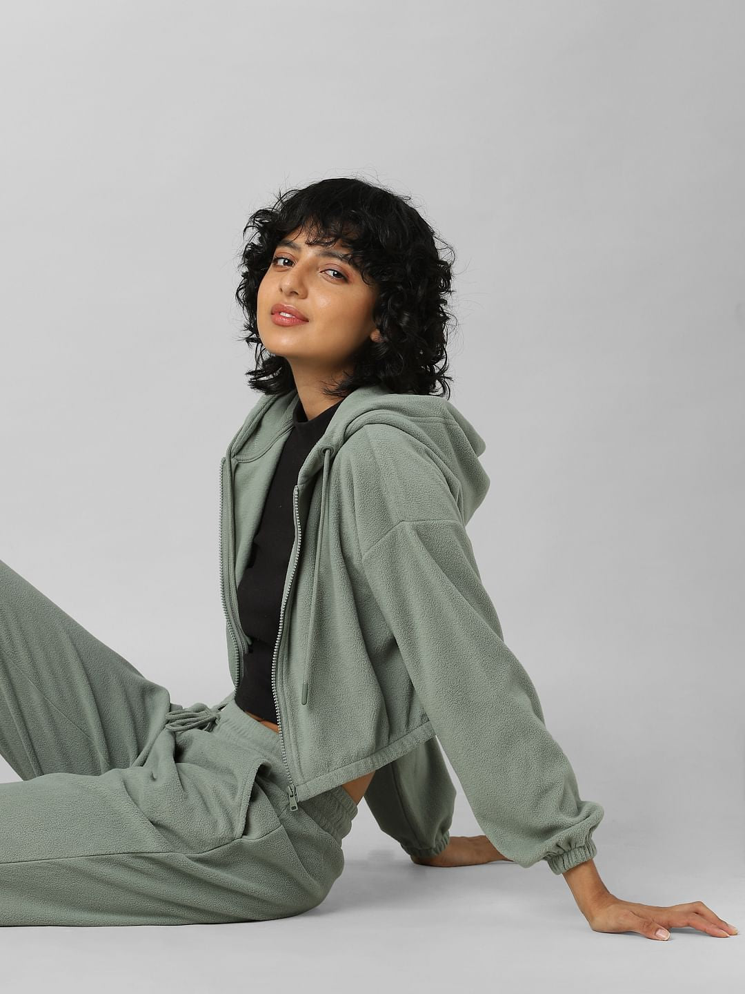 Green Zip Hooded Co-Ord Sweatshirt