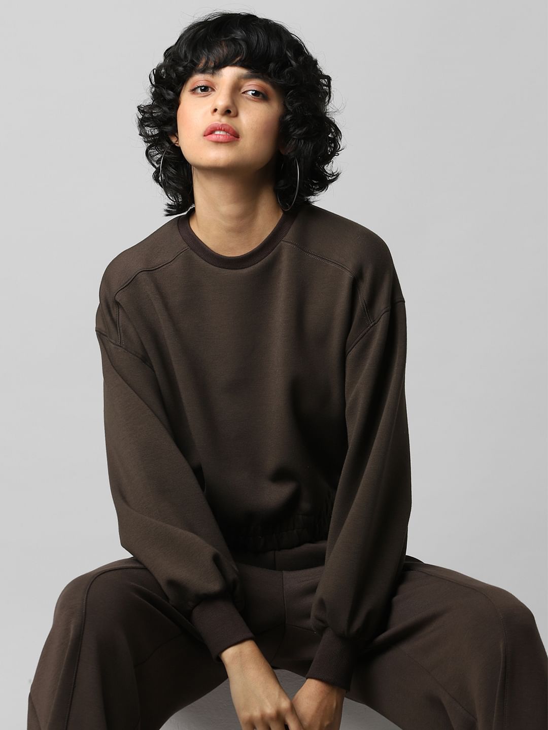 Dark Brown Cropped Co-Ord Sweatshirt