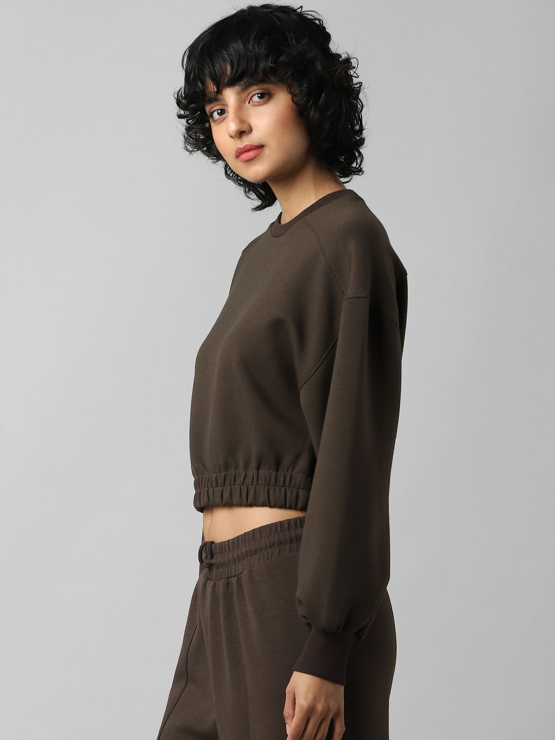 Dark Brown Cropped Co-Ord Sweatshirt