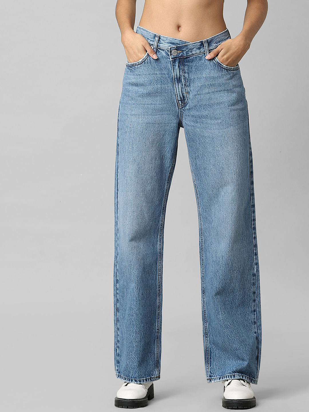 Blue Mid Rise Wide Leg Jeans