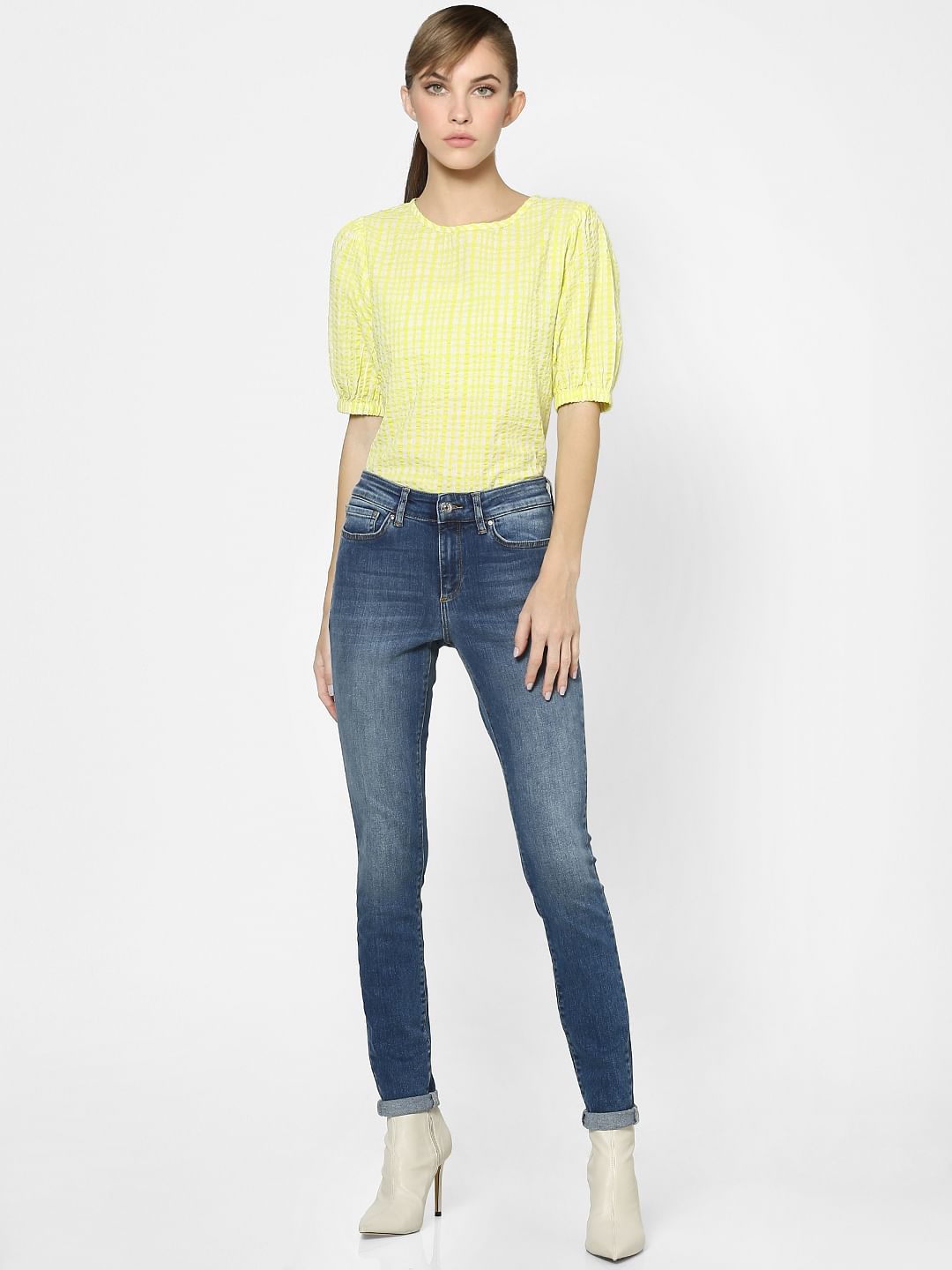 Blue Mid Rise Curved Back Yoke Skinny Jeans