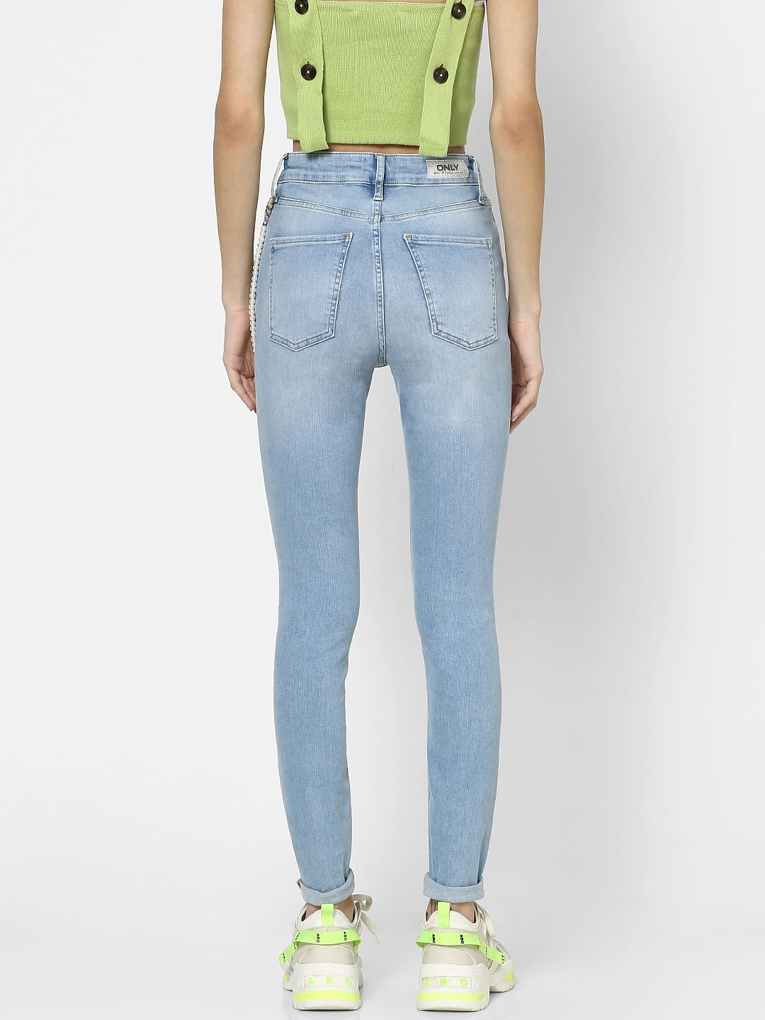 Blue High Rise Pearl Chain Detail Skinny Jeans