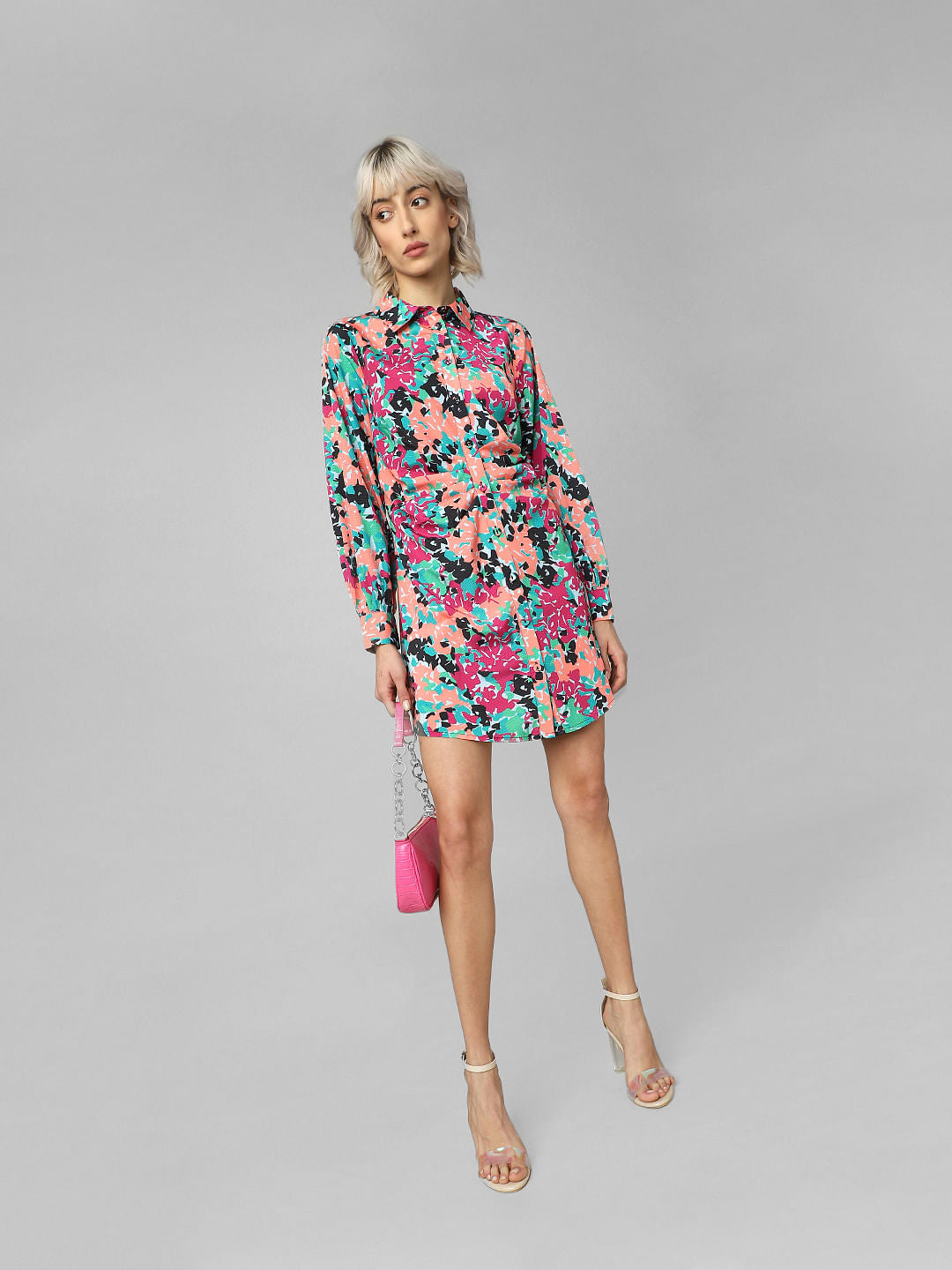 Pink Floral Print Shirt Dress