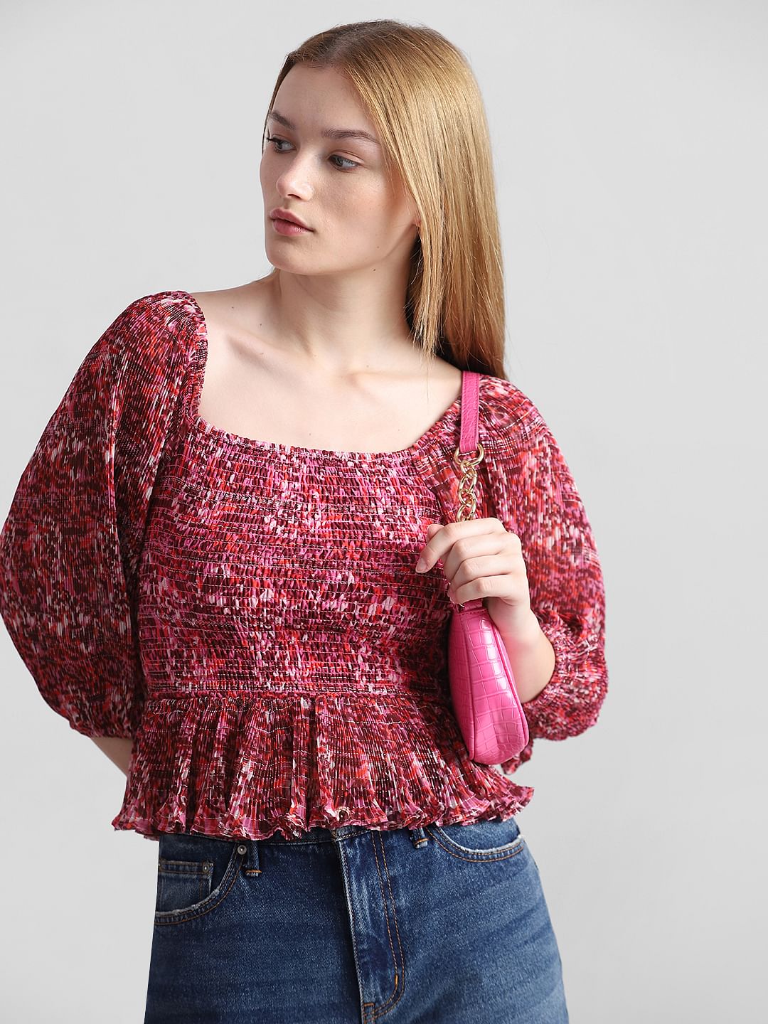 Red Printed Smocked Top