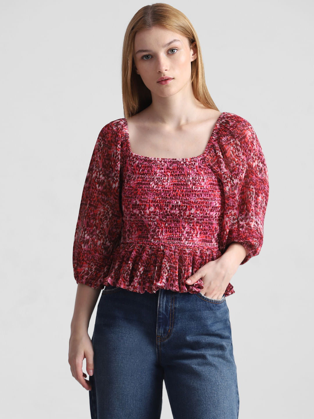 Red Printed Smocked Top