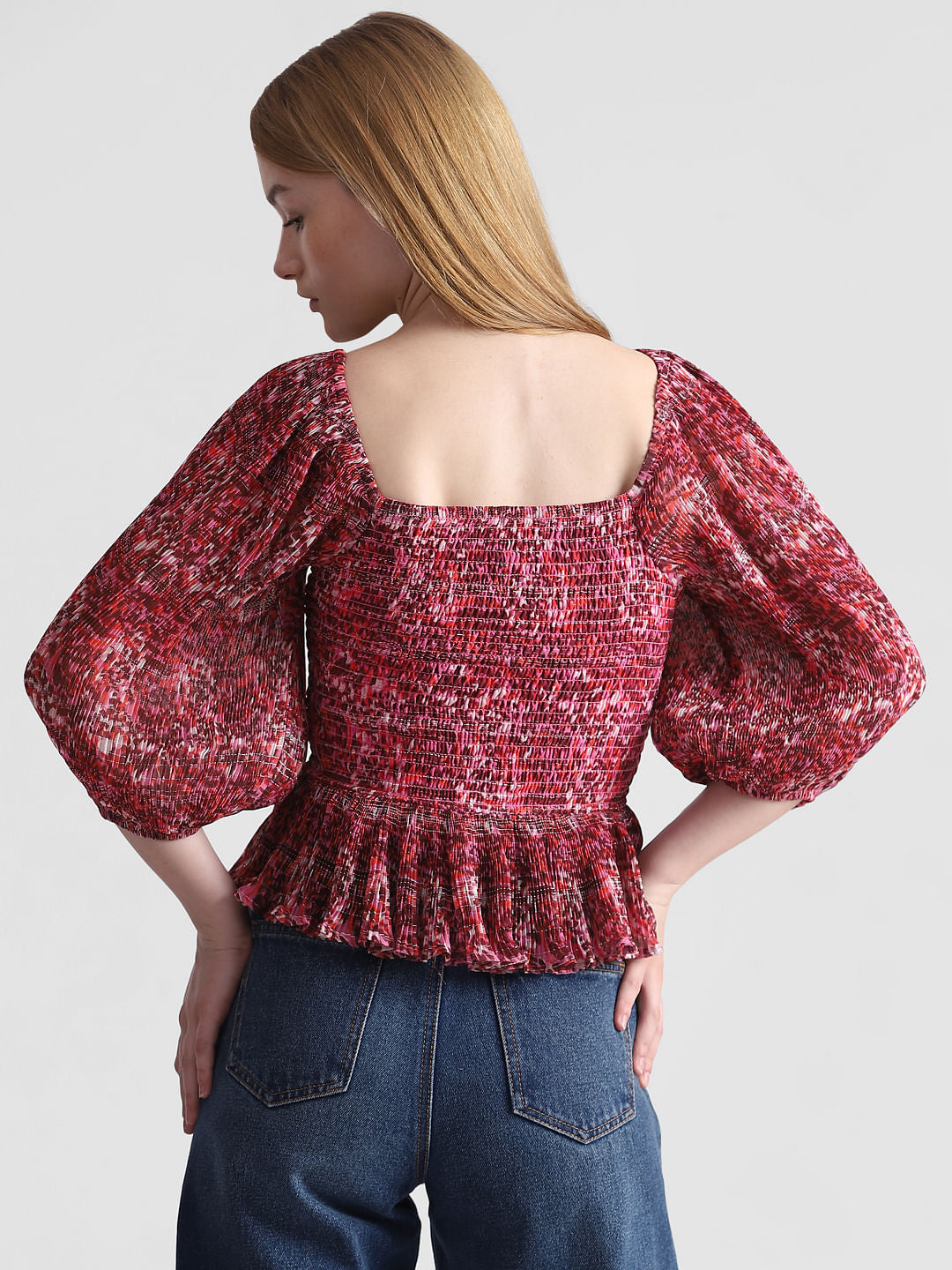 Red Printed Smocked Top