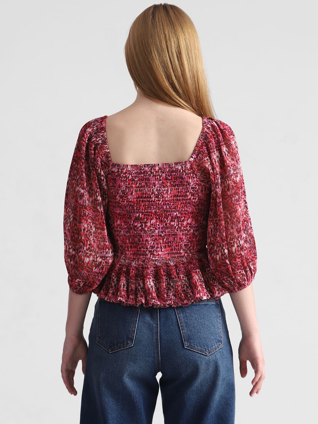 Red Printed Smocked Top