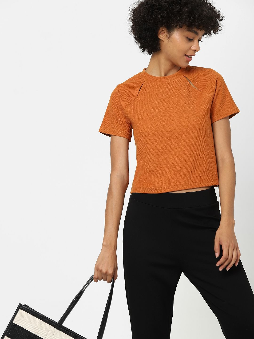 Brown Cut-Out Knit Cropped T-Shirt