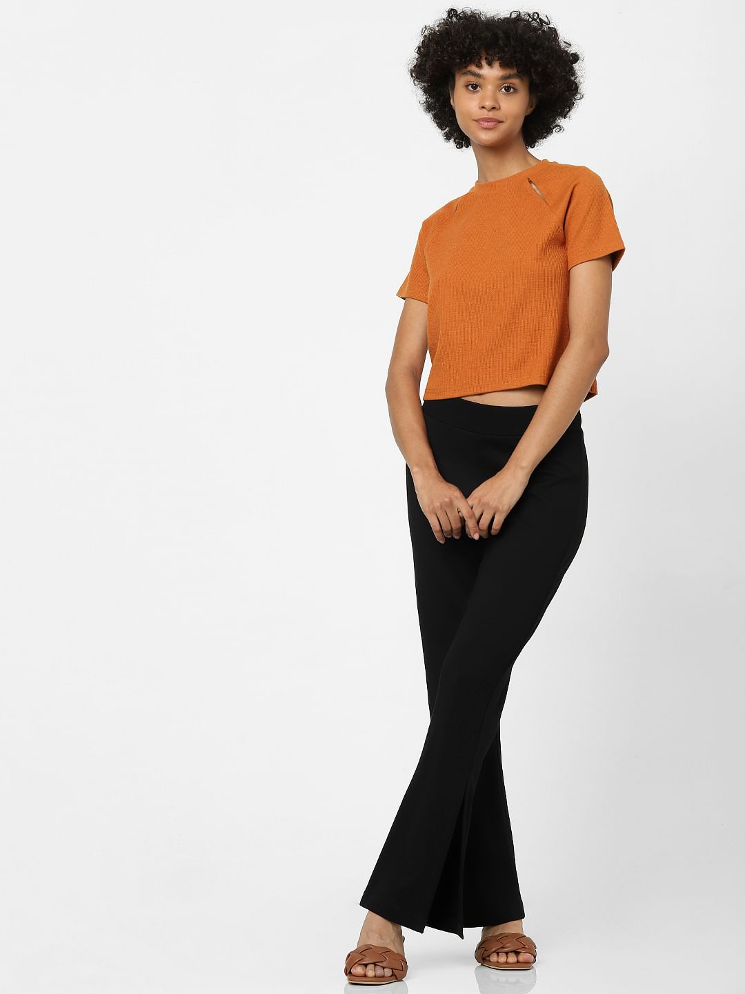 Brown Cut-Out Knit Cropped T-Shirt