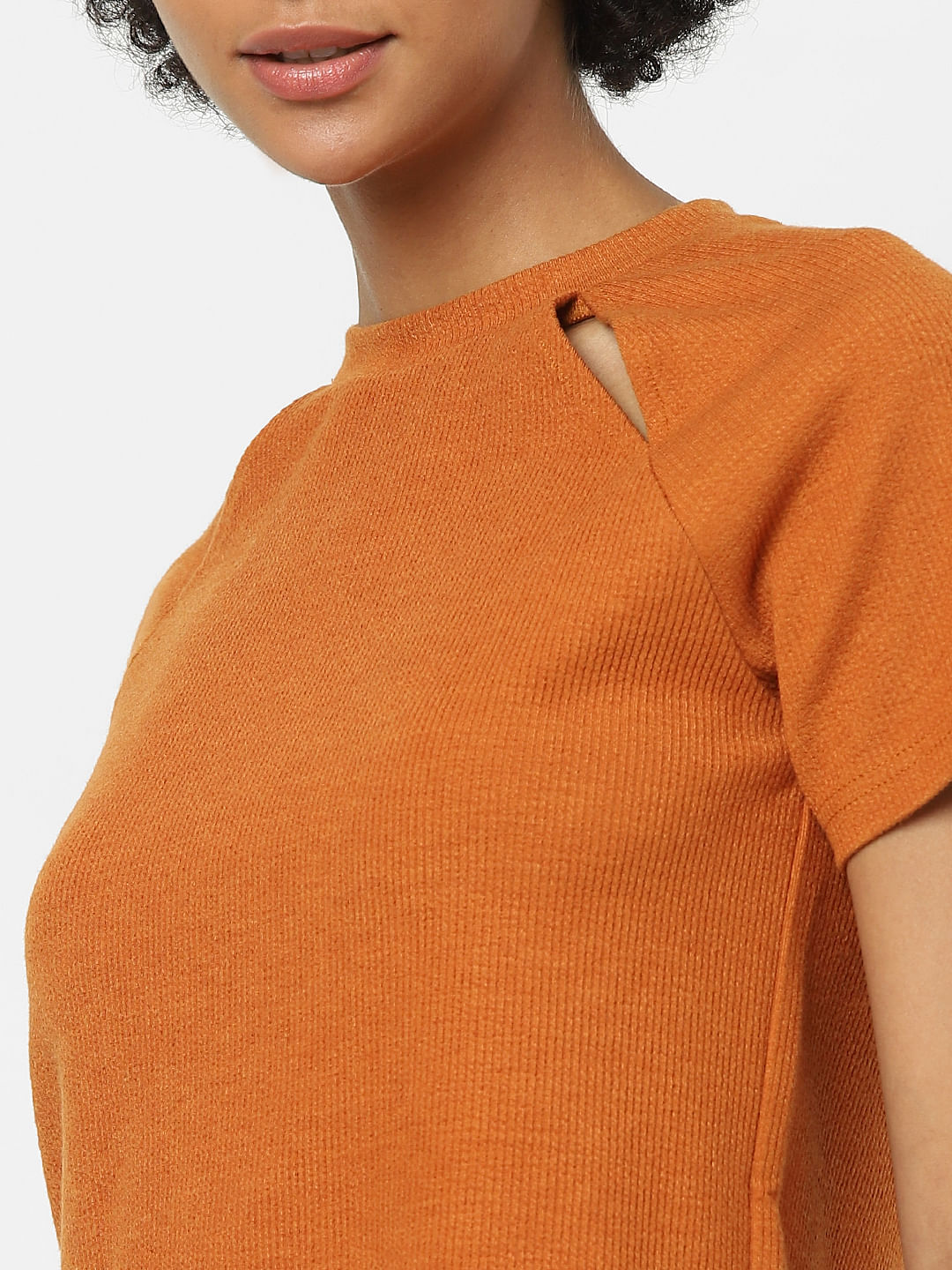 Brown Cut-Out Knit Cropped T-Shirt