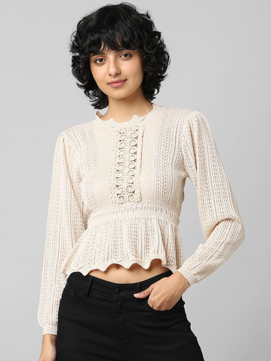 Beige Lace Cable Knit Pullover