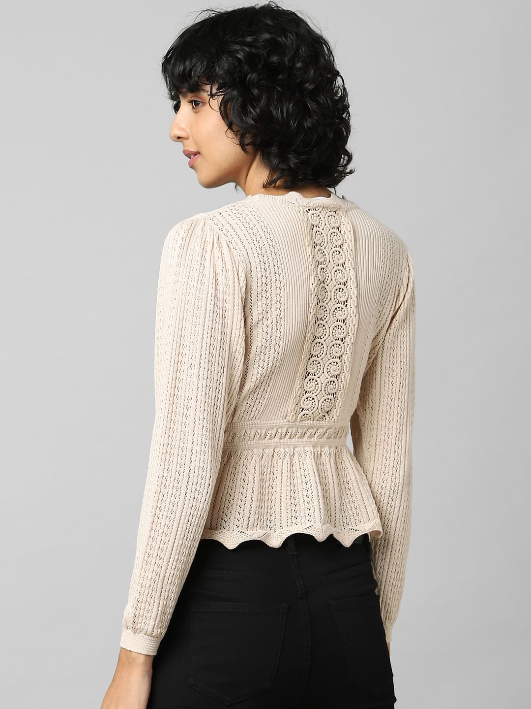 Beige Lace Cable Knit Pullover