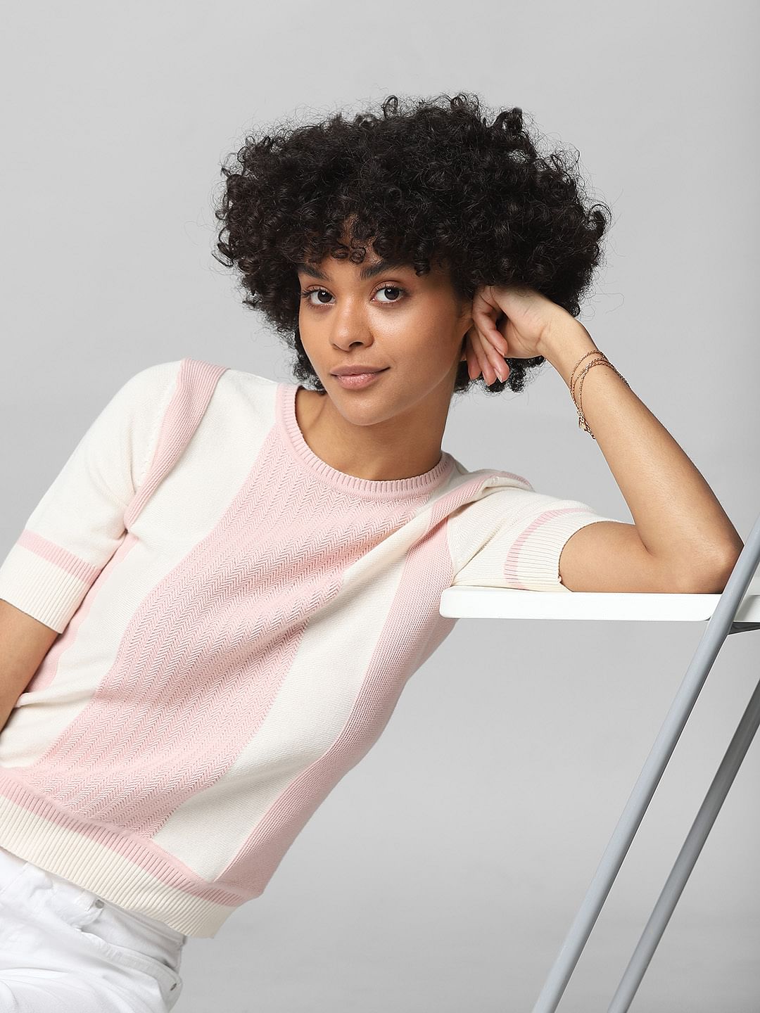 White Colourblocked Knit Top