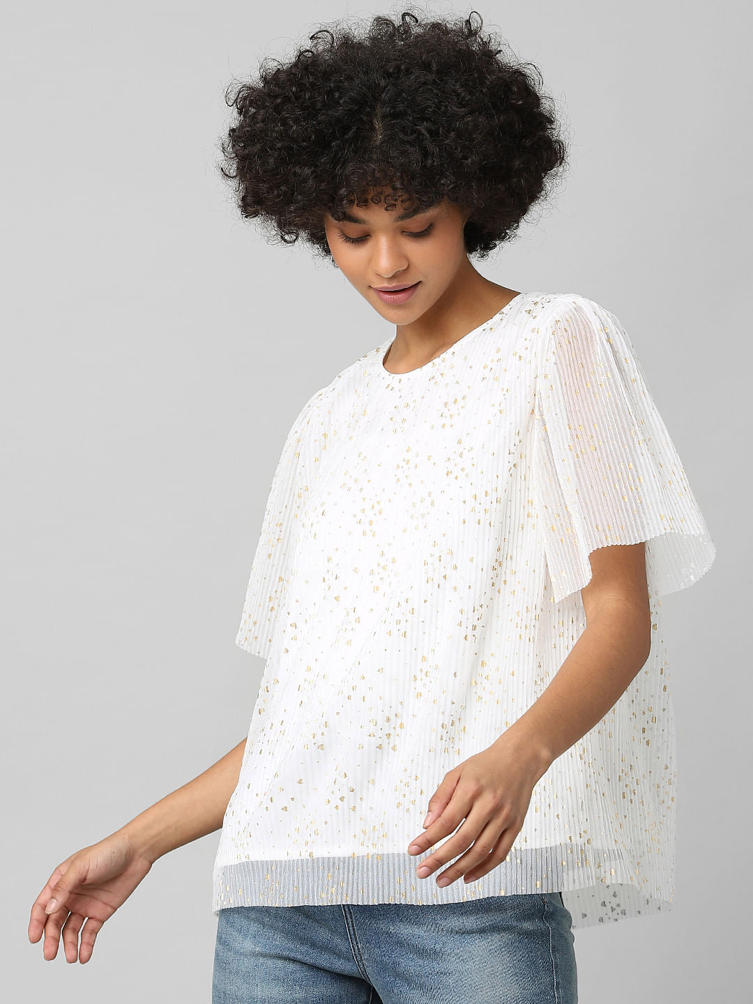 White Pleated Foil Print Top