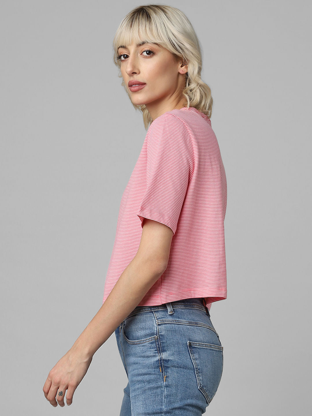 Pink Striped Embroidered T-Shirt