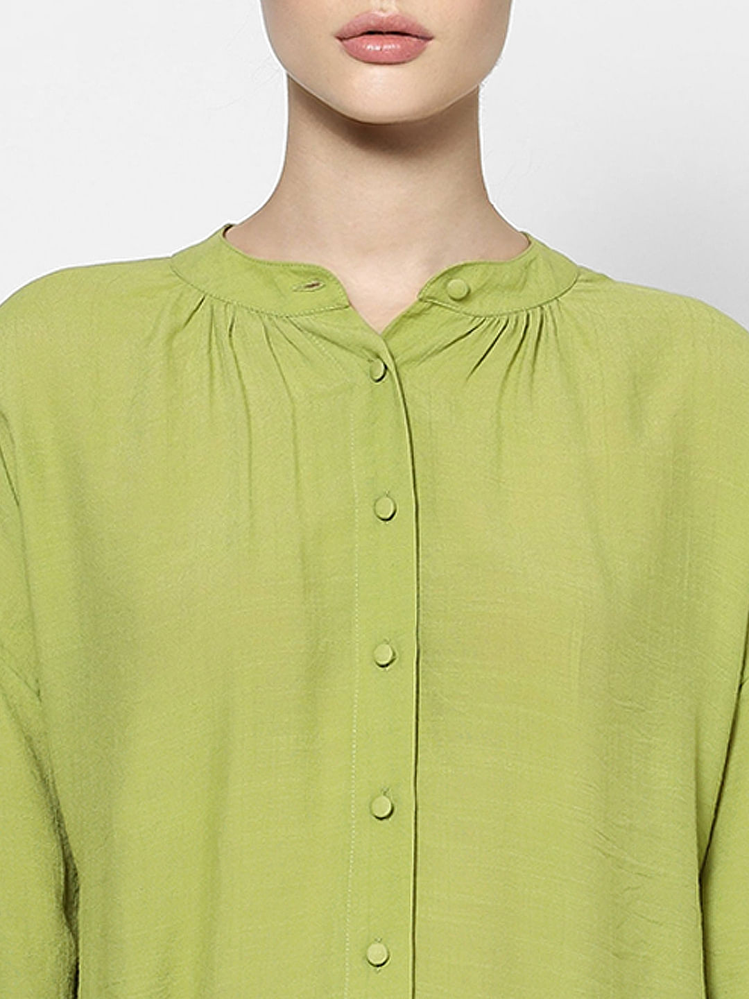 Green Drop Shoulder Puff Sleeves Shirt
