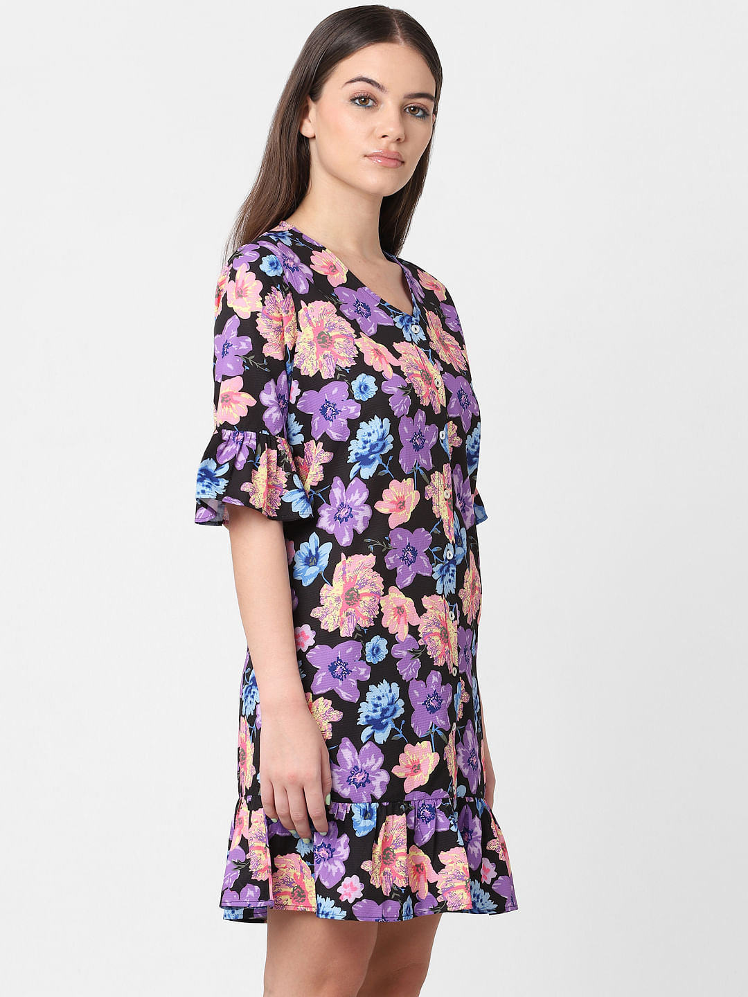 Black Floral Print Tunic Dress