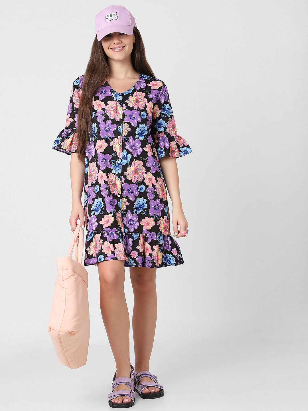 Black Floral Print Tunic Dress