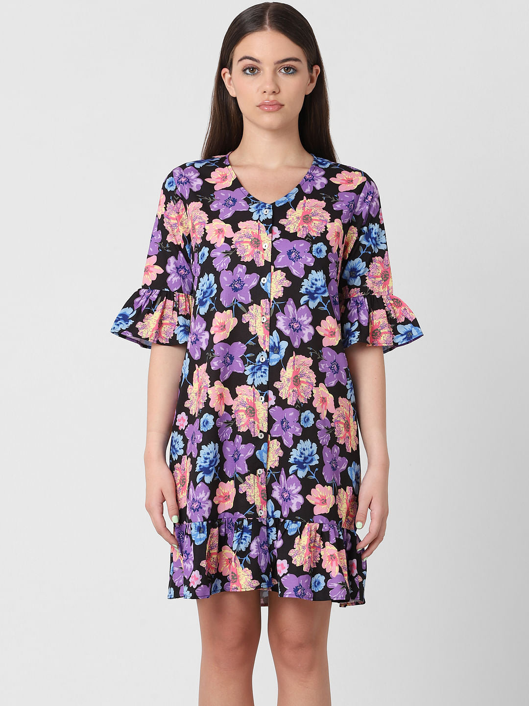 Black Floral Print Tunic Dress