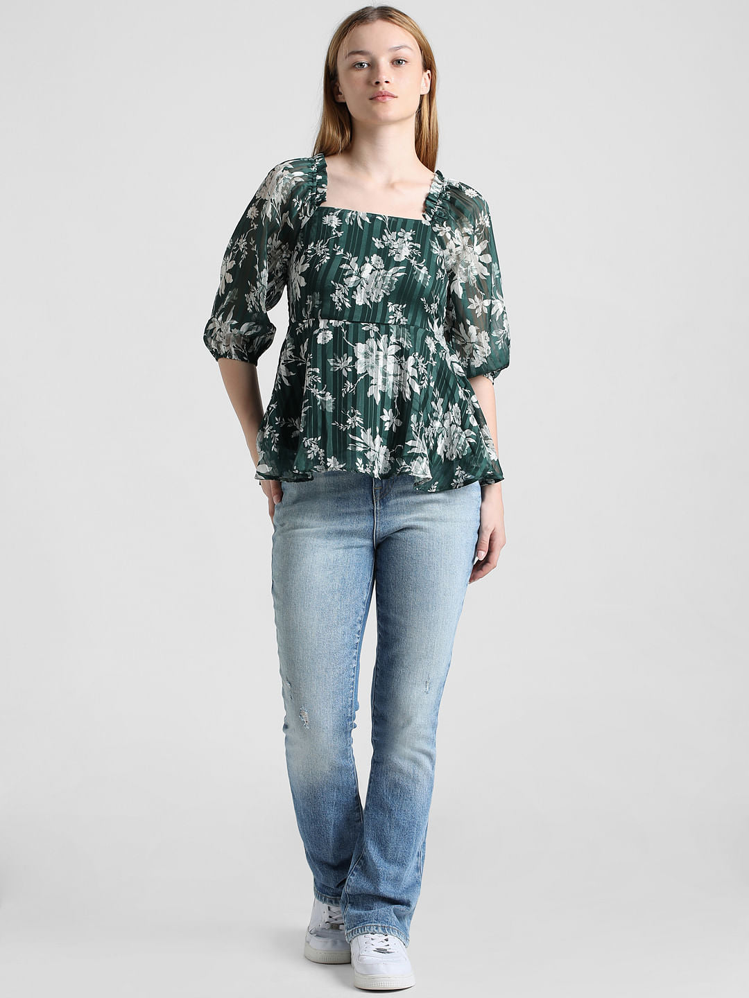 Green Floral Peplum Top