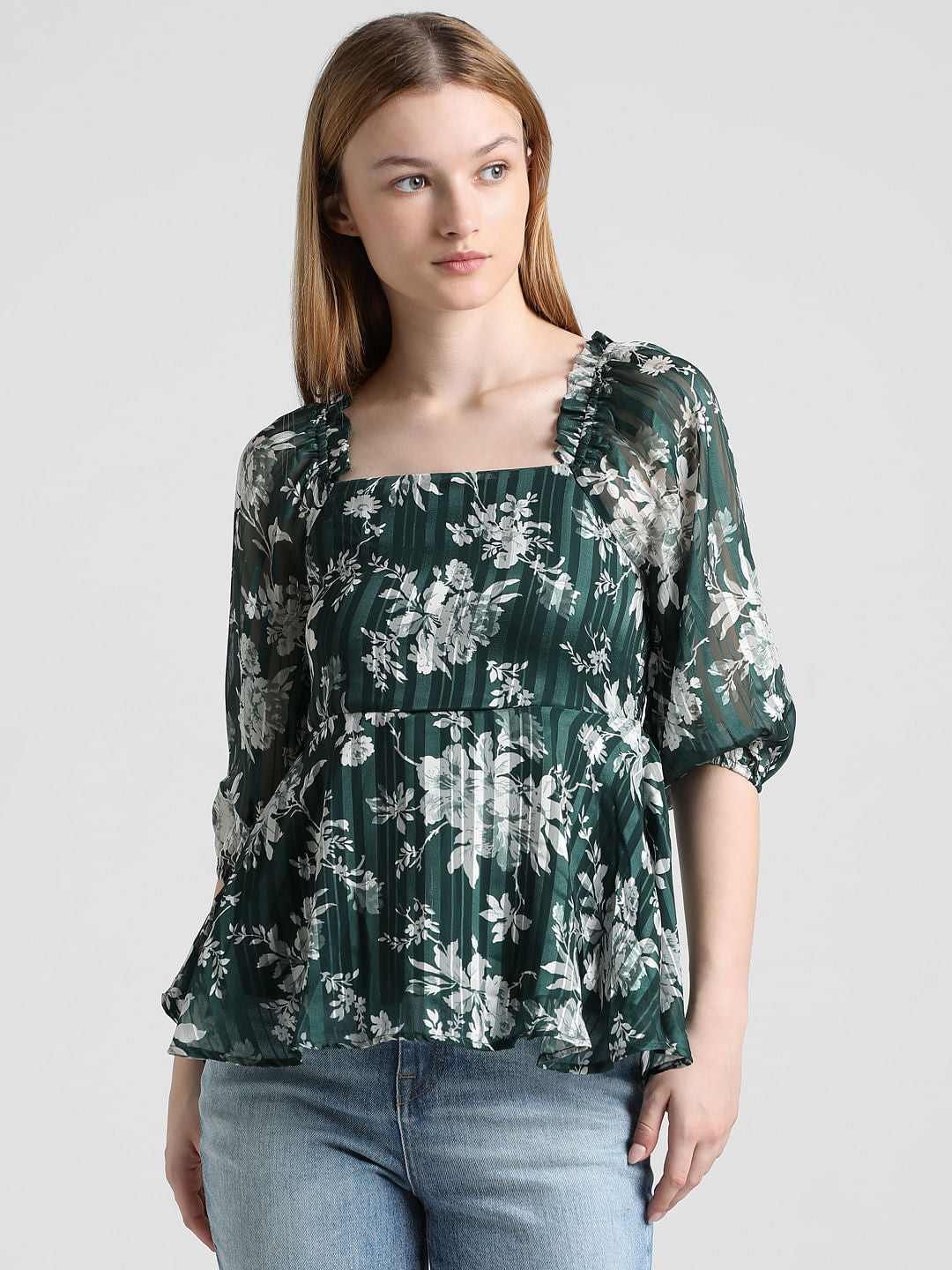 Green Floral Peplum Top