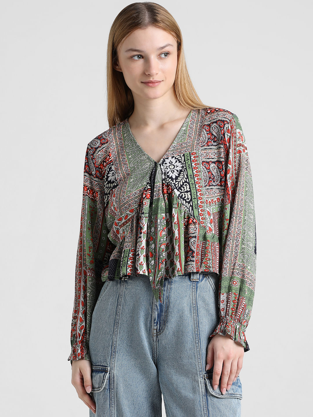 Green Printed V-Neck Top